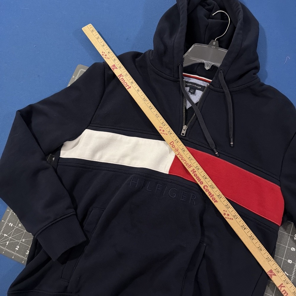 VTG Tommy Hilfiger 1/4 Hoodie Sweatshirt Mens L Navy Blue Red/White Logo Y2K